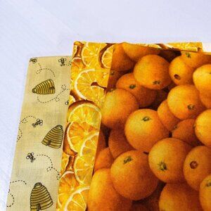 Set Of 3 Kyles Marketplace Novelty Cotton Fabrics: Citrus & Bees Patterns